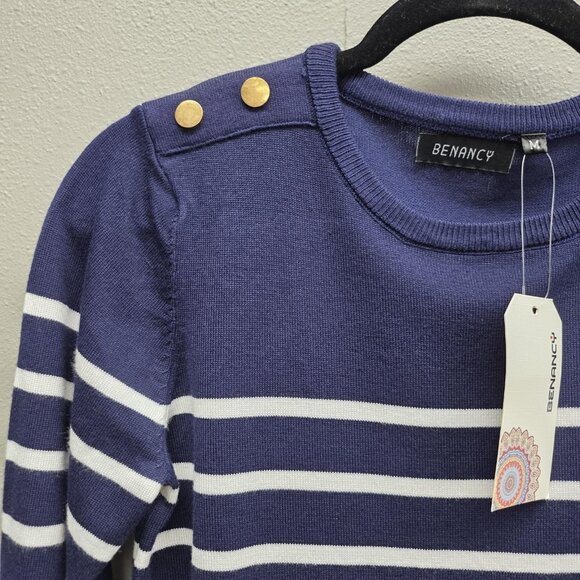 BENANCY Sweater Womens Medium Navy White Striped Crewneck Gold Button Shoulders - Picture 2 of 11